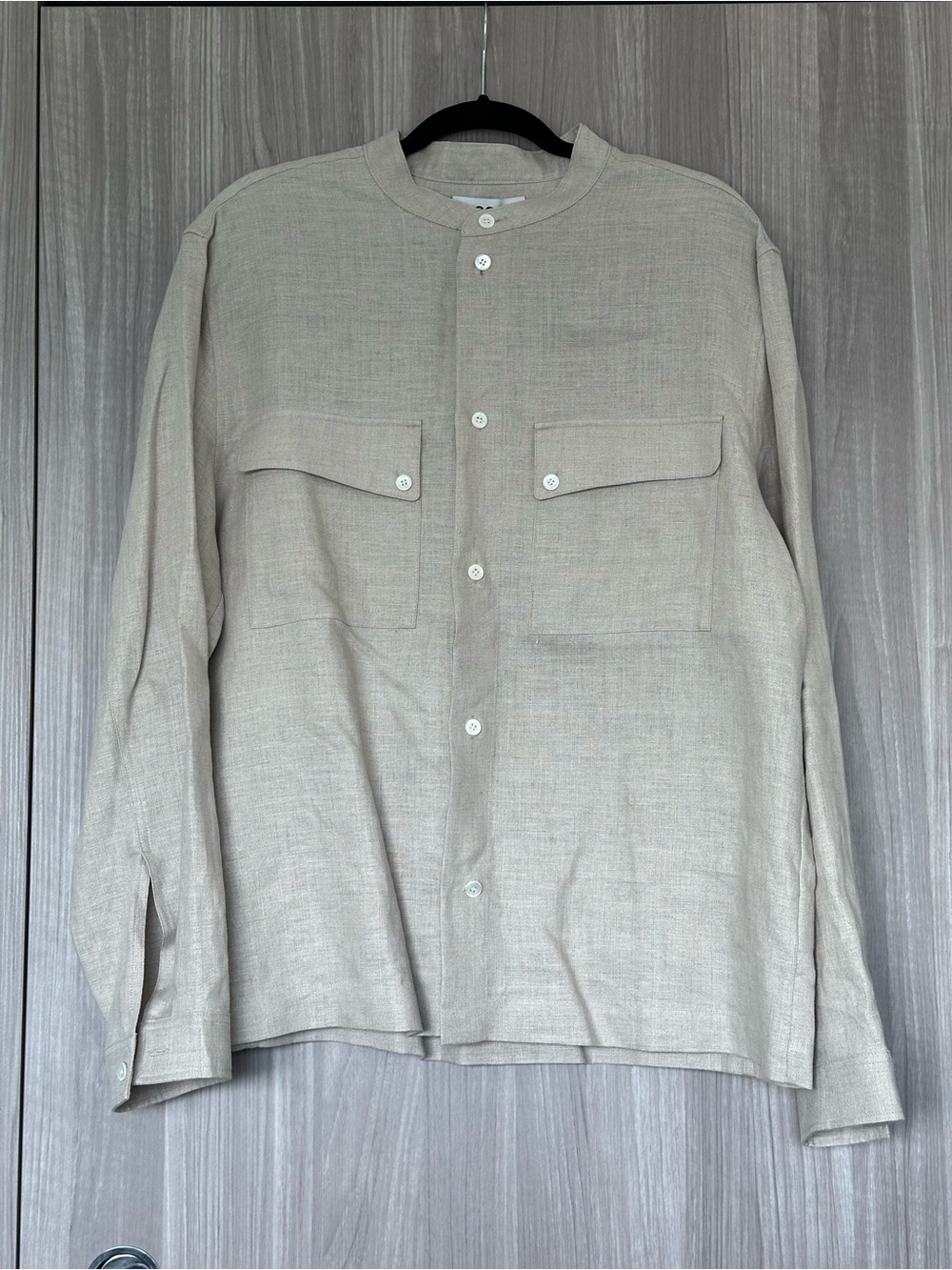 COS Beige Linen-Blend Band Collar Shirt Jacket